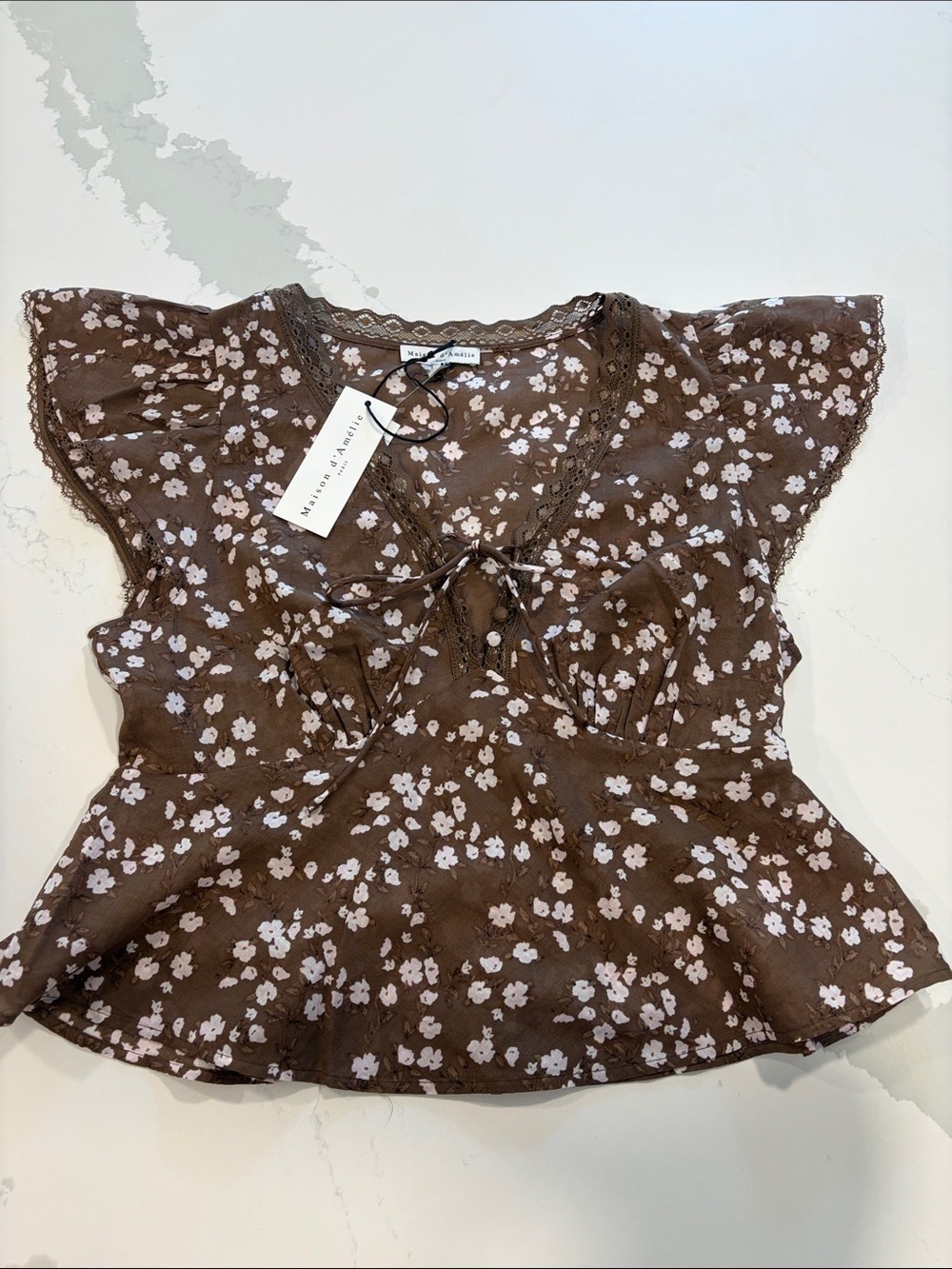 NWT Maison D'Amelie 100% Cotton Brown Floral Tie-Front Sheer Blouse Size Small
